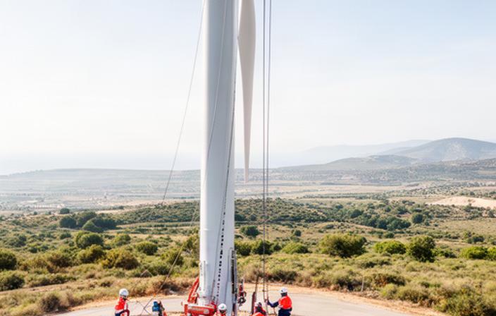 Técnicos instalando un aerogenerador junto a una torre blanca en un parque eólico de Andalucía