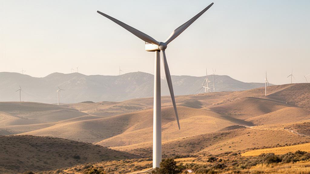 Aerogenerador AE-150 en funcionamiento entre colinas secas del parque eólico La Contraviesa, Granada