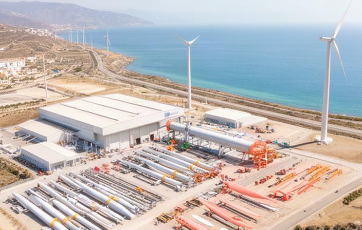 Vista aérea de la planta de Granadino Molino S.L. en Almuñécar, con nave de montaje, componentes eólicos y zona de pruebas junto a la costa andaluza