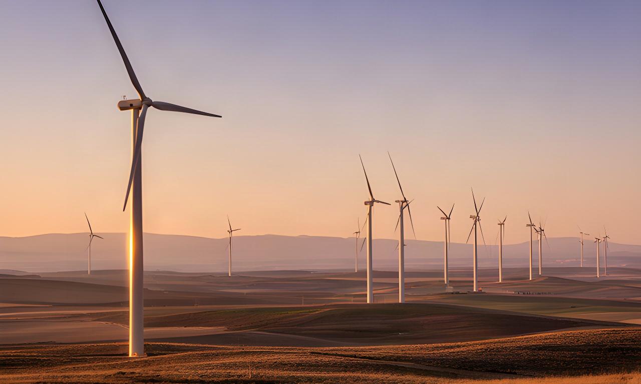 Aerogeneradores AE-200 alineados en el Parque Eólico Los Llanos, Albacete, bajo la luz cálida del atardecer