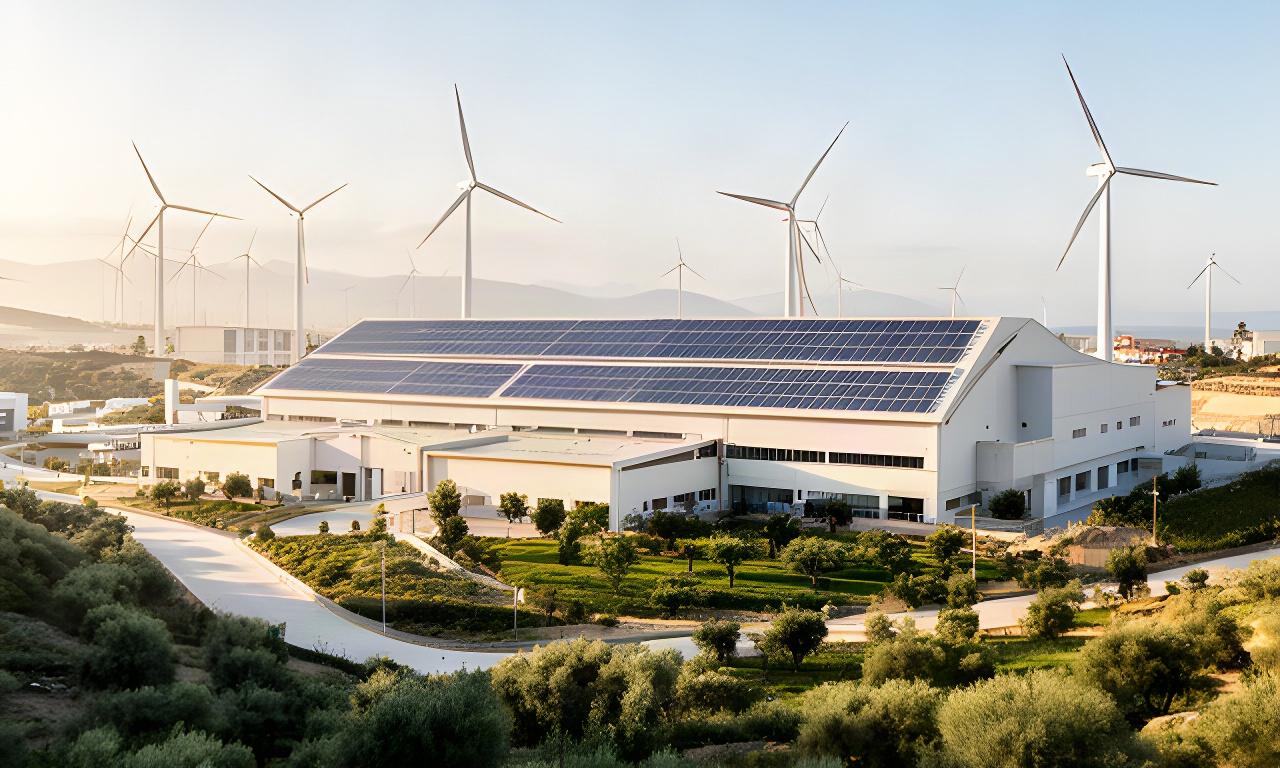Planta de Granadino Molino S.L. en Almuñécar con paneles solares sobre la cubierta, aerogeneradores y zonas verdes alrededor